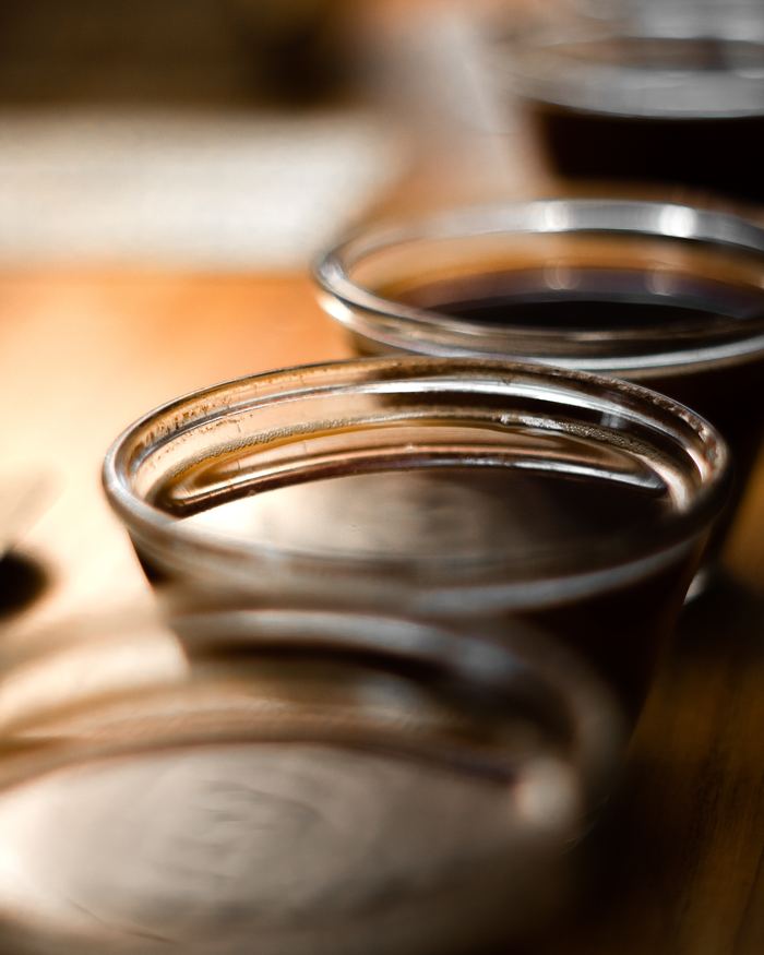 Copos de prova enfileirados na mesa de cupping.