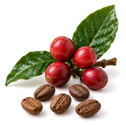 Frutos vermelhos da variedade Mundo Novo, com folhas e grãos torrados.
